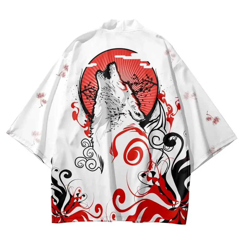 

Japanese Fashion Wolf Print Samurai Kimono Summer Casual Beach Cardigan White Yukata Women Men Cosplay Haori Top Asian Clothing