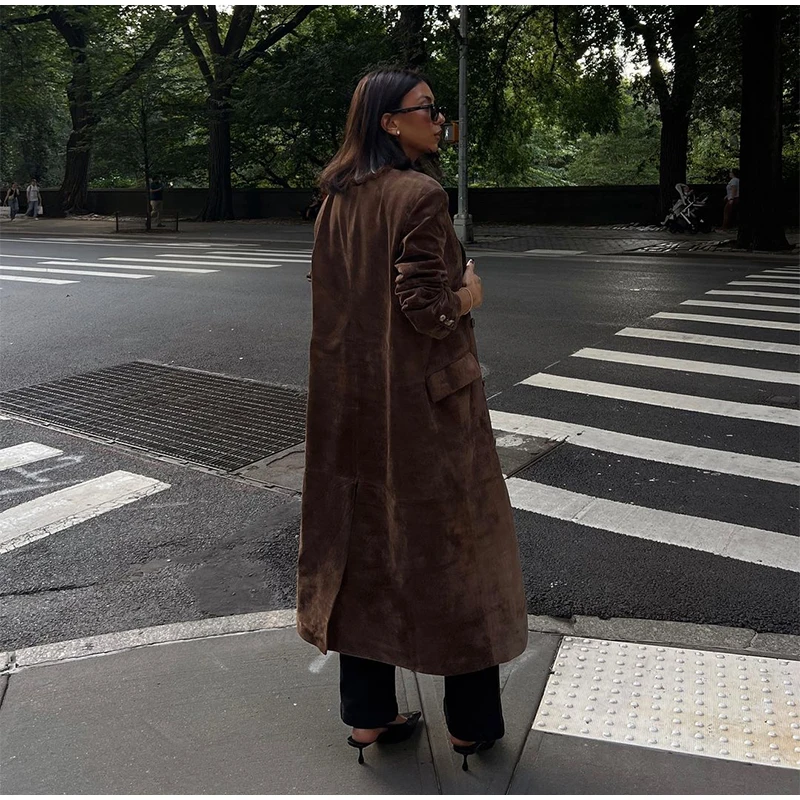 Fashion Lapel Suede Long Jacket Women Elegant Oversized Double-breasted Trench Overcoat Autumn Lady Commute Outerwear New