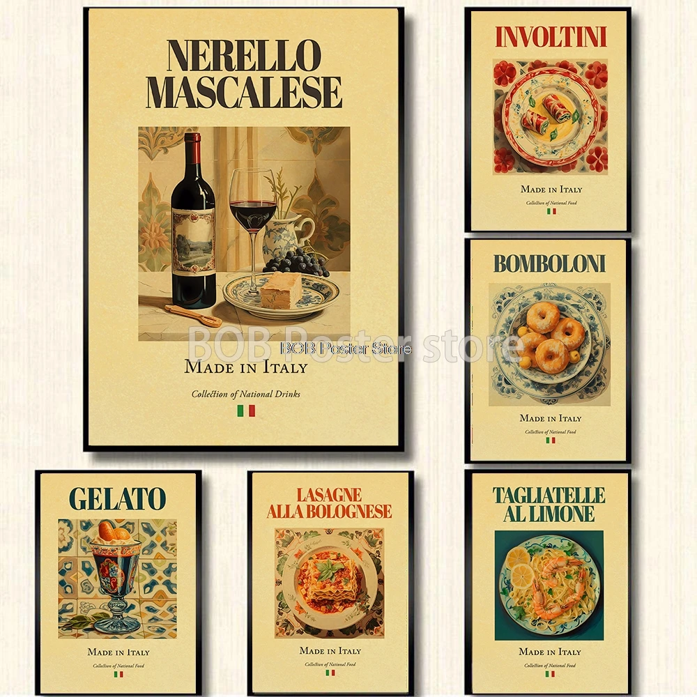Traditional Italian Food and Beverage Kraft Poster Gelato Cappuccino Pizza Picture Home Restaurant Wall Art Decorative Gifts