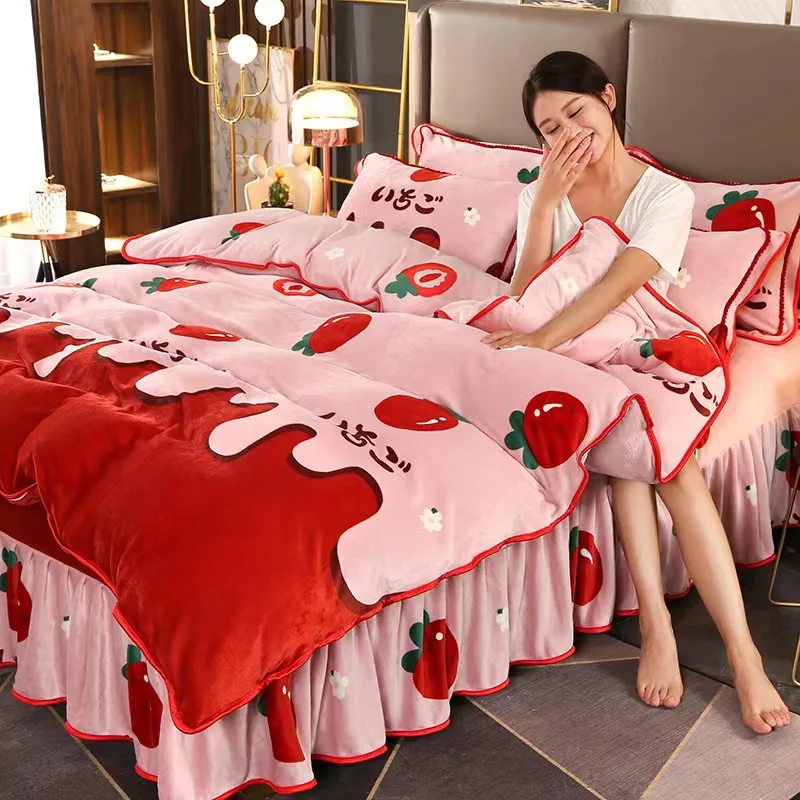 

Home Textile Winter Warm Coral Fleece Bedding Set with Bed Sheet Pillowcase Quilt Cover 4PC Plush Duvet Cover Bed Skirt Set