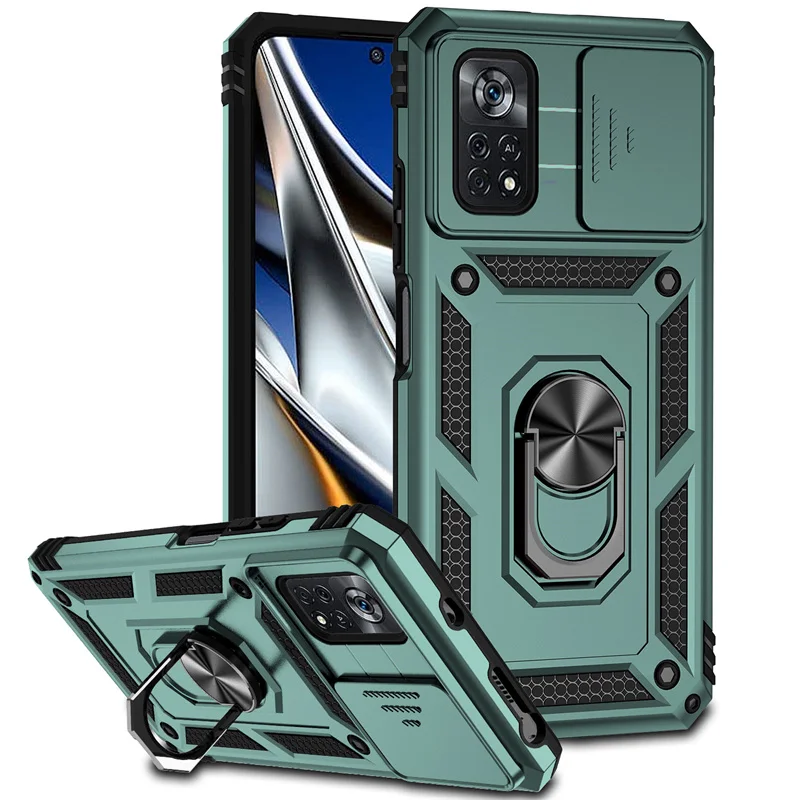 Enhanced Armor Case with Slide Window Lens Protector and Magnetic Holder Ring for Xiaomi Poco X4 Pro 5G