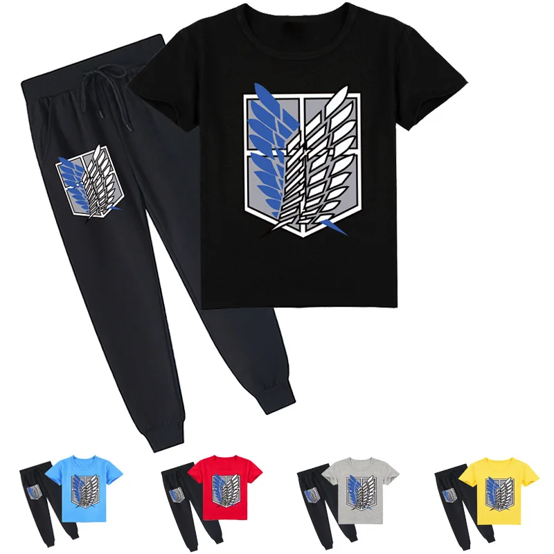 Children's Short Sleeve Suit Attacking Giant Middle and Big Printed Fashion T-shirt + Trousers Y337 |