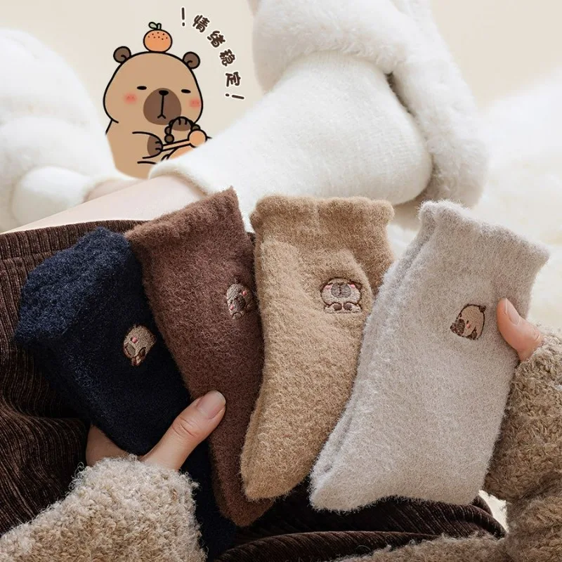 Cozy Hairy Mink Velvet Socks Women Autumn Winter Capybara Pattern Hosiery Thicken Warm Sleep Floor Home Fluffy Kawaii Sockings