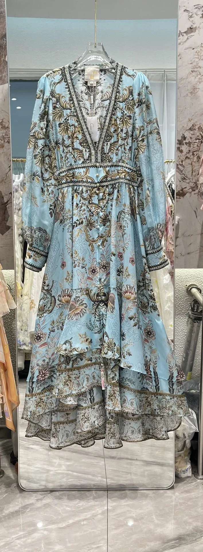 

Женское длинное платье с цветочным принтом, повседневное шелковое платье с V-образным вырезом и длинным рукавом, украшенное бусинами, весна-лето 2024