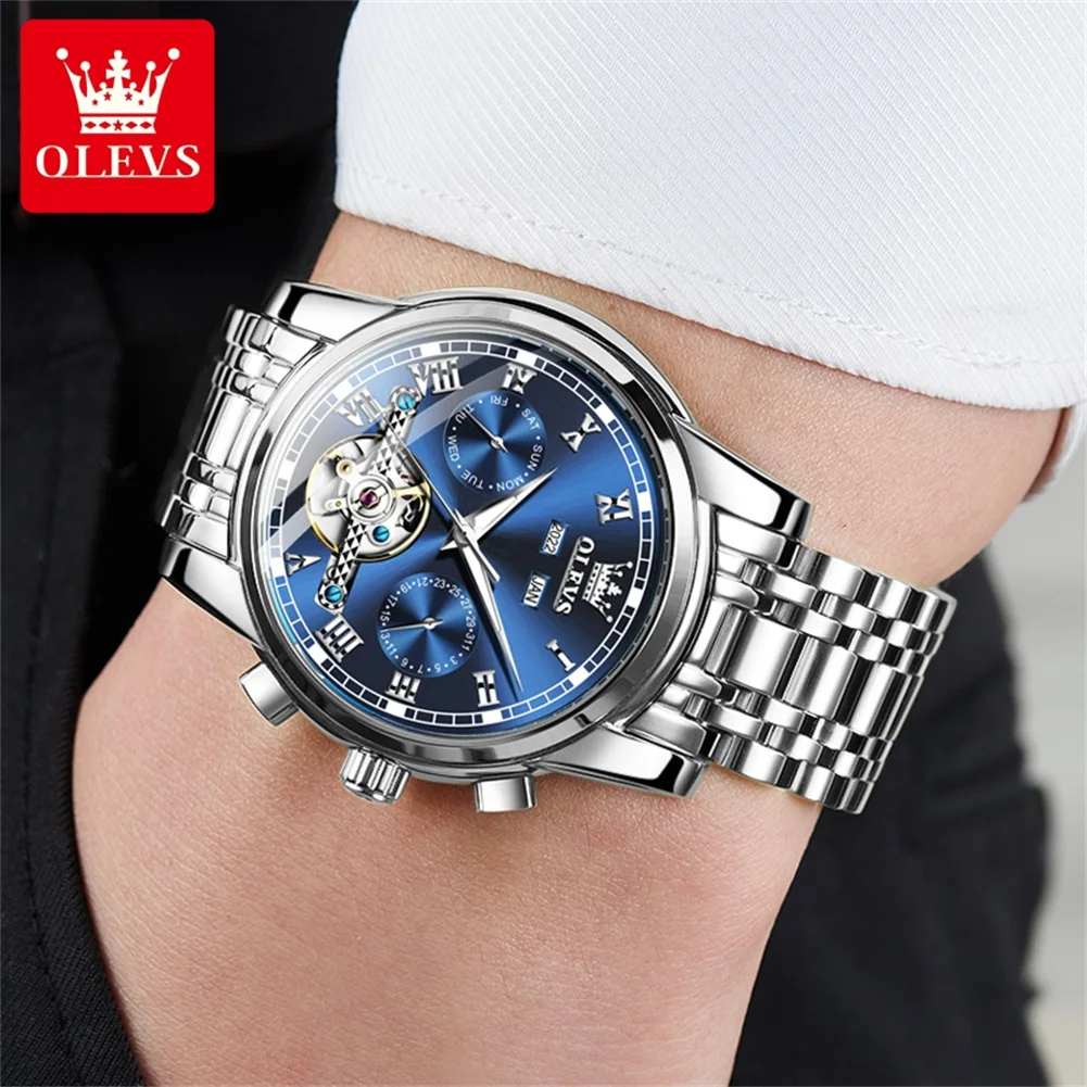 OLEVS 6607 Original Automatic Man Watch Skeleton Flywheel Auto Date Hand Clock Stainless Steel Waterproof Mechanical Wristwatch