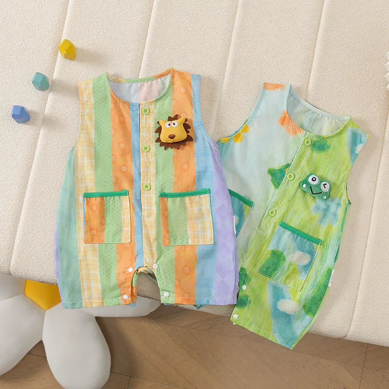Summer Cute and Casual JumpSuit Frog and Lion Head Print Romper Half Front Open Wide Shoulder Short Crawling 1