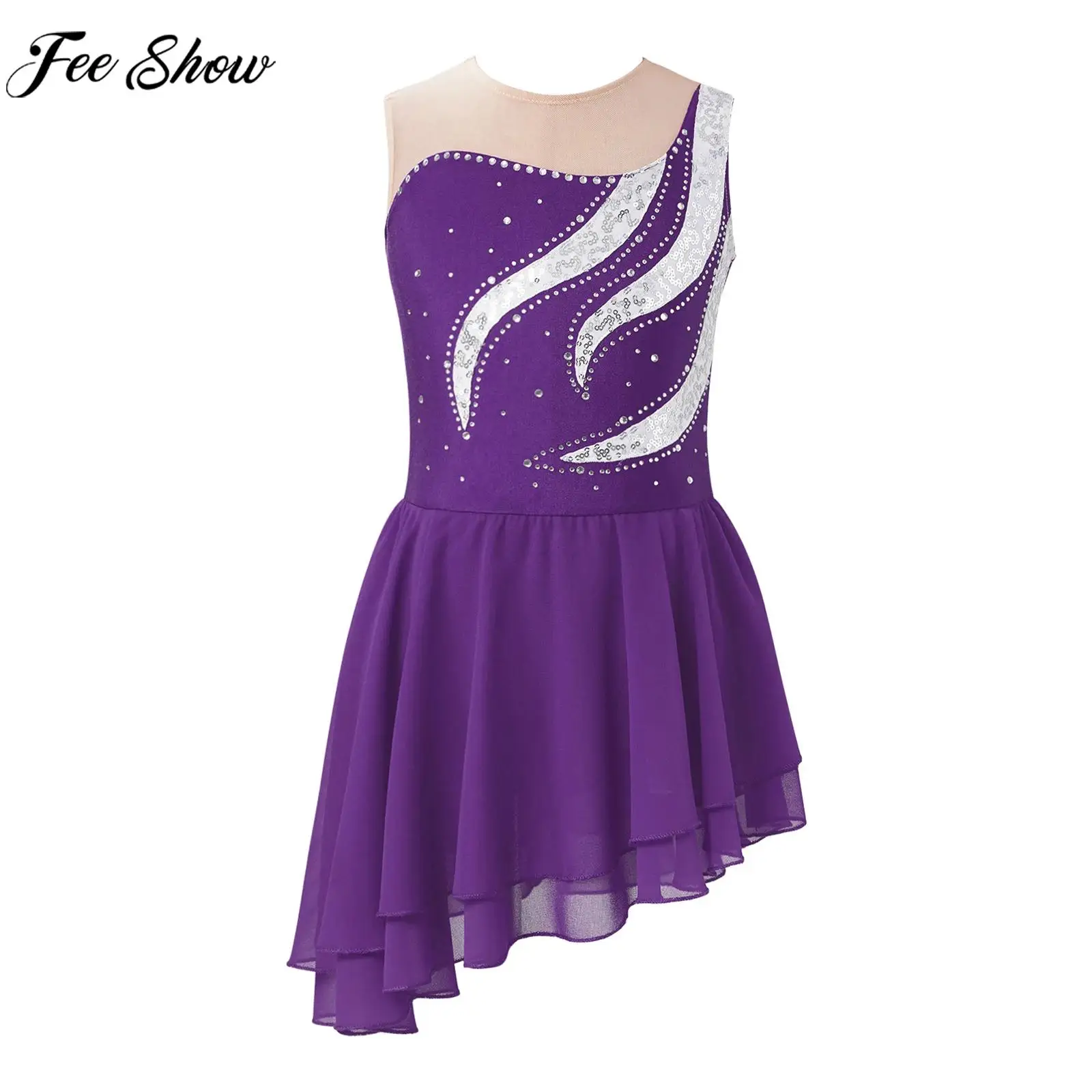 

Girls Figure Skating Costume Lyrical Dance Ballet Gymnastics Acrobatics Leotard Dress Sleeveless Sequin Rhinestone Dancewear
