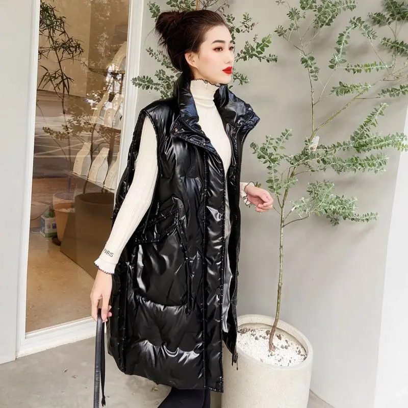 

2024 New Winter Women's Warm Coat Lapel Zipper Sleeveless Bright Face Down Vest Loose Thickened Slim Fit B385