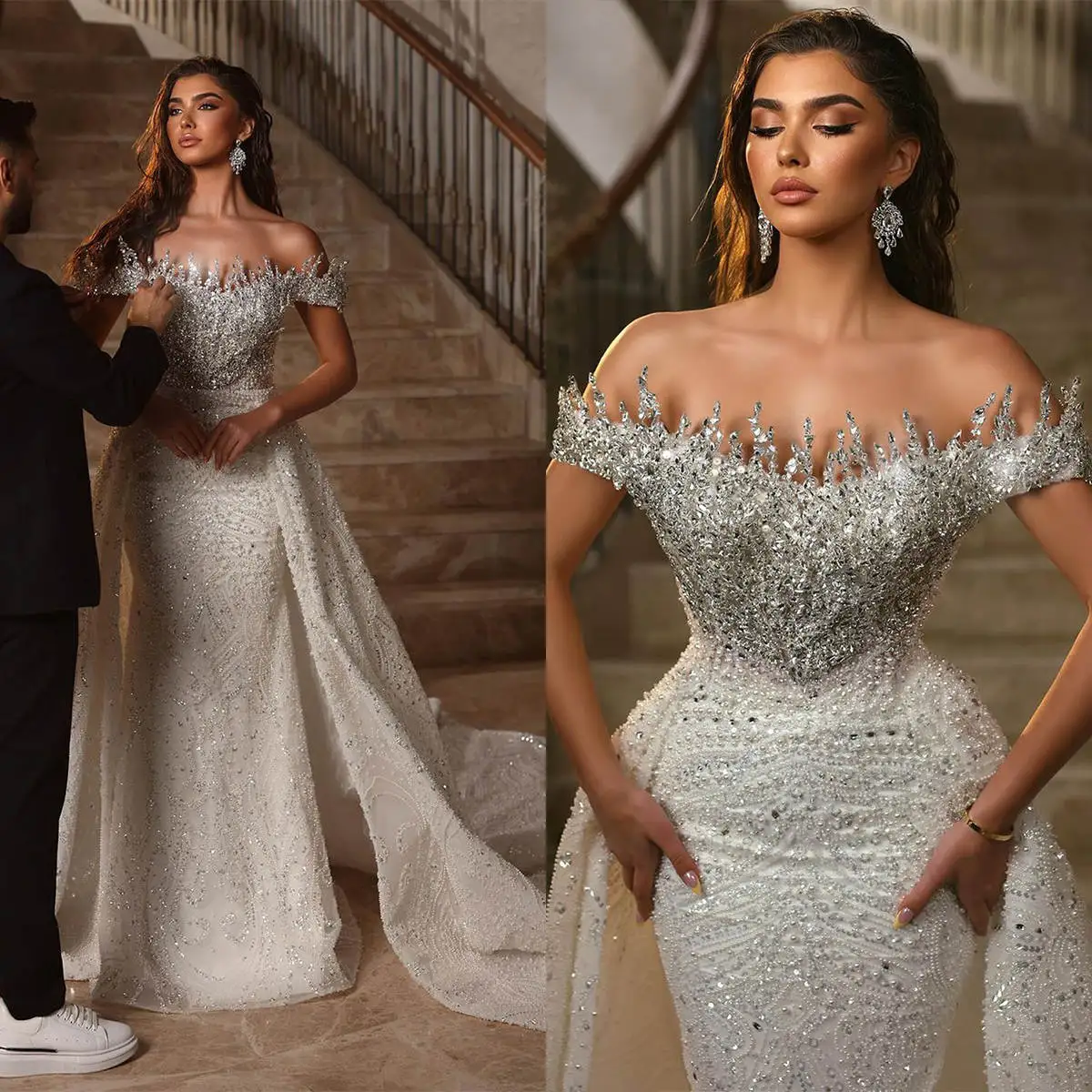 Prom Dresses Off The Shoulder Shining Lace Mermaid Detachable court Celebrity Dresses Made