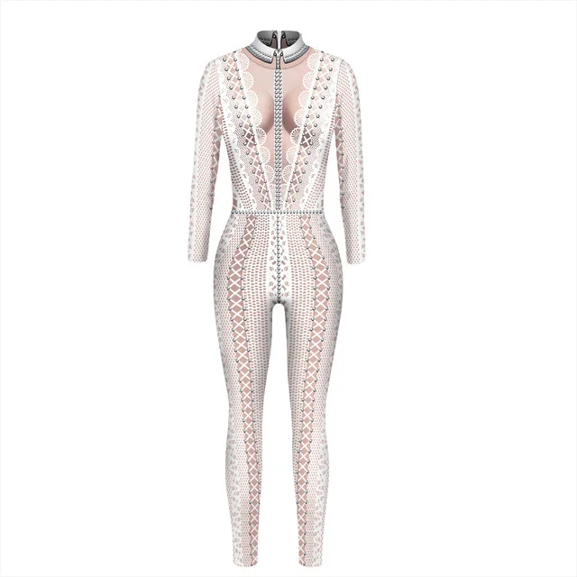 Women Skeleton Robot 3D Printing Bodysuit Zipper Back Halloween Costume