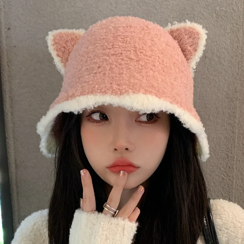 Cat Ear Fluffy Faux Fur Bucket Hats Women Rabbit Fur Warm Thick Plush Winter Hat Lady Fashion Luxury Panama Furry Fisherman Cap