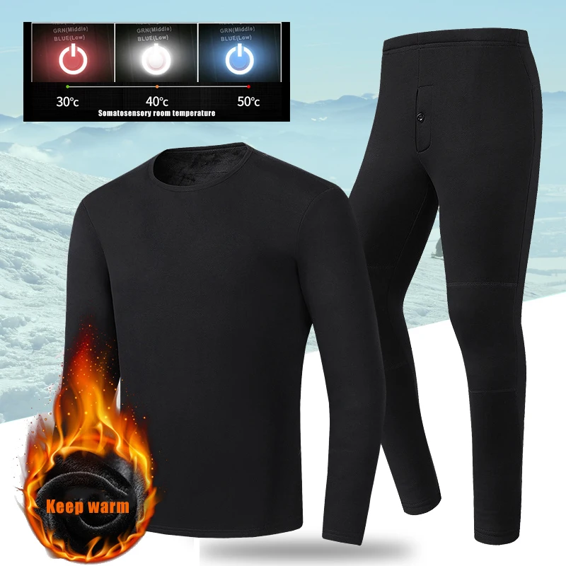 

Winter USB Heating Compression Baser Layer Shirt+Pants Skiing Underwear Suit Set Warm Fleece Thermal Motorcycle Cycling Clothing
