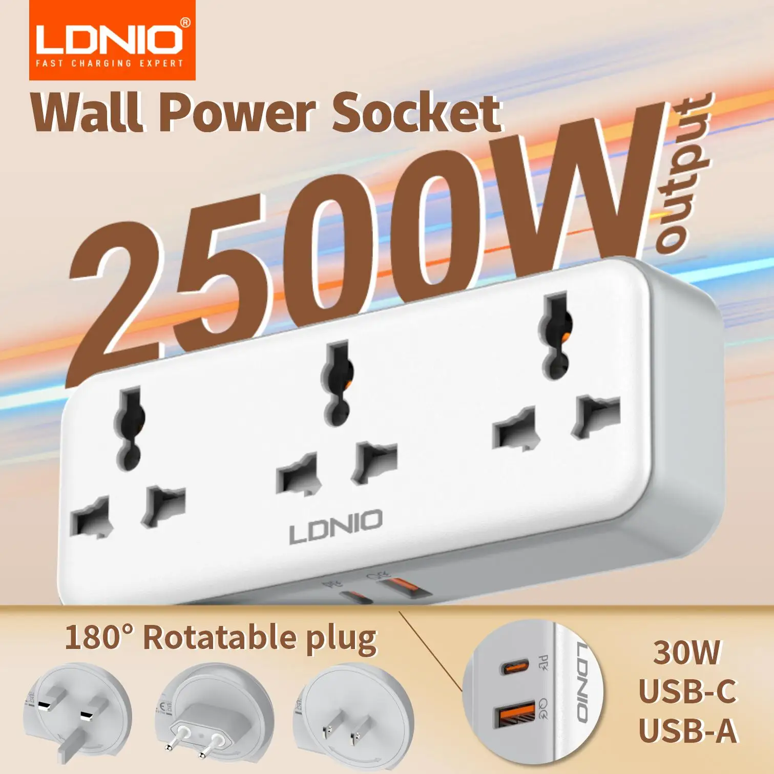 LDNIO Compact Rotatable Wall Power Strip with 3 AC Outlets and Fast USB Charging Ports