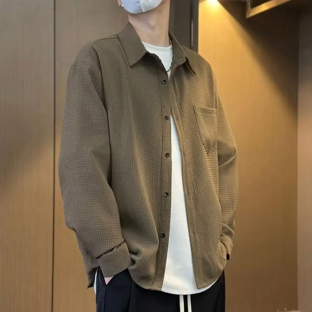 

Fashionable Men Shirt Men's Fall Spring Cardigan Shirt with Turn-down Collar Long Sleeve Loose Fit Mid Length Solid for Young