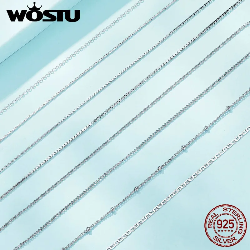 Silver Necklace WOSTU 925 Sterling Silver Plated Gold Simple Basic Clasp Chain For Women Wedding Party Fine Fashion Jewelry Gift Making