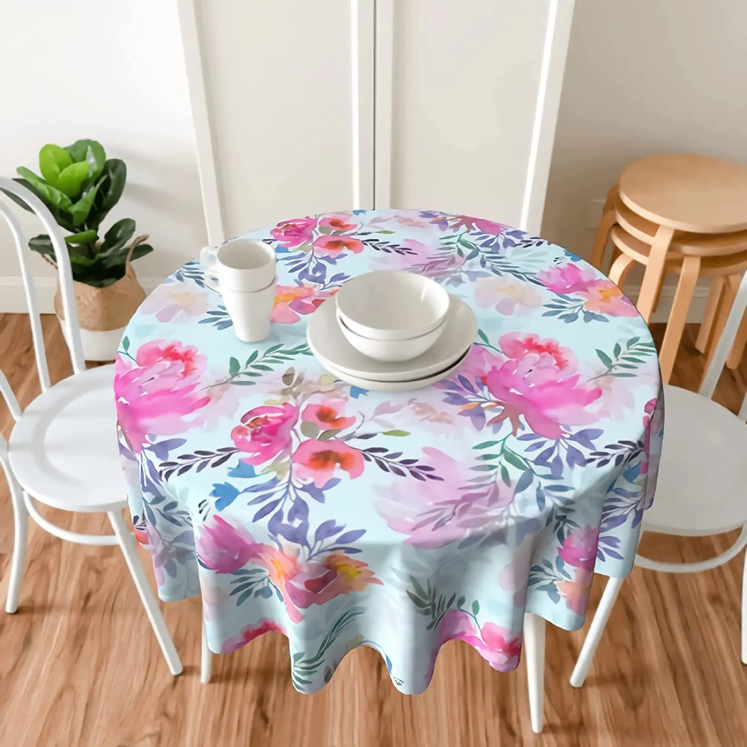 

Flowers Pink Tablecloth Round 60 Inch Table Cover Wrinkle-Resistant Waterproof for Kitchen Decoration Picnic Outdoor Table Cloth