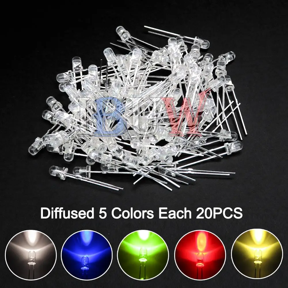 100PCS/lot 3mm LED Diode F3 Assorted Kit ibuw White Green Red Blue Yellow Orange Pink Purple Warm White DIY Light Emitting Diode led light kit