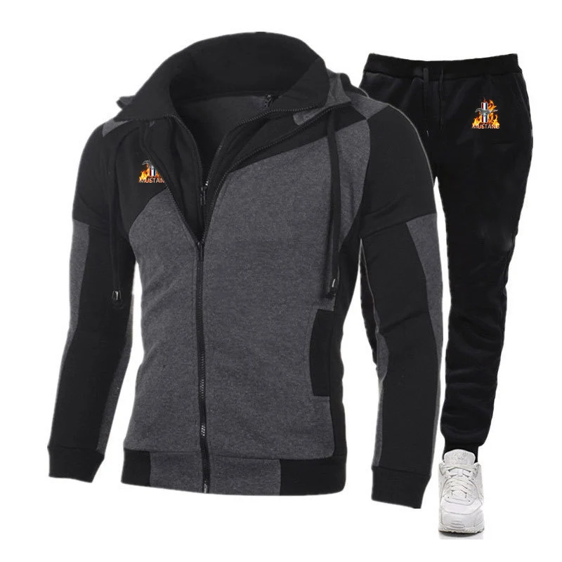 2022 Spring Autumn Mustang Printed Men's Fashion Zipper Hoodie Sportswear Jogging Tracksuit Running Sport Suits+Pant 2Pcs Sets