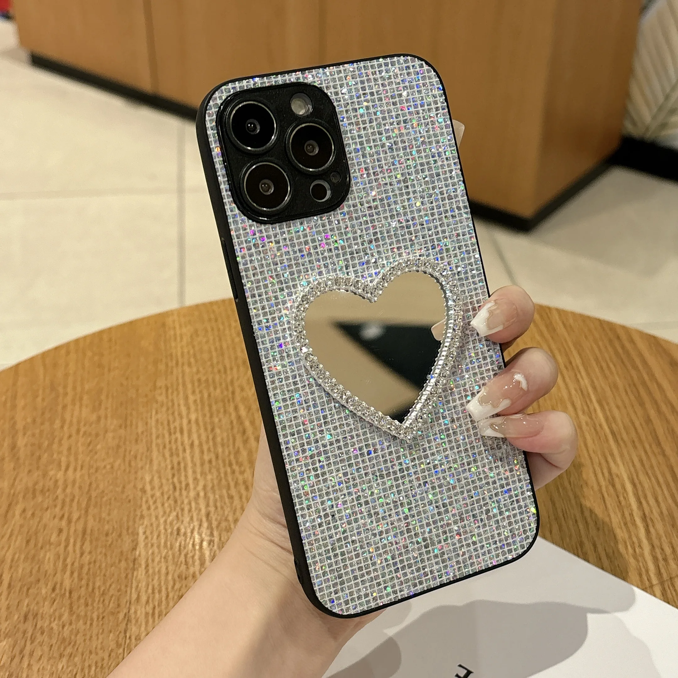 Luxury Mirror Glitter Shiny Grid Leather Phone Case with Soft Back Cover