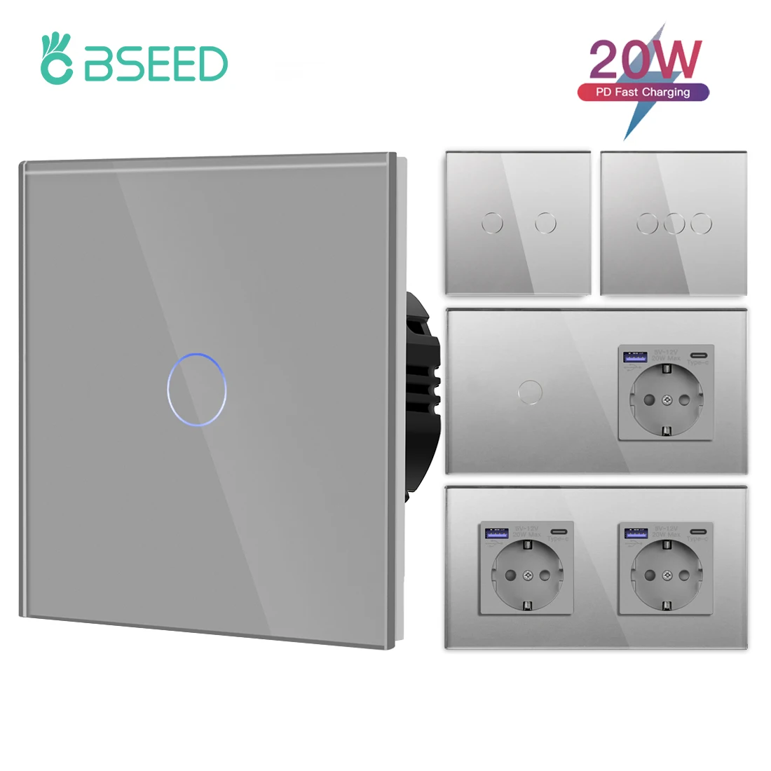 Interruptor Bseed-touch com Usb Sensor 1way 1way Gang Light Tomada eu 20w Carregamento Rápido Luz Azul Painel de Vidro