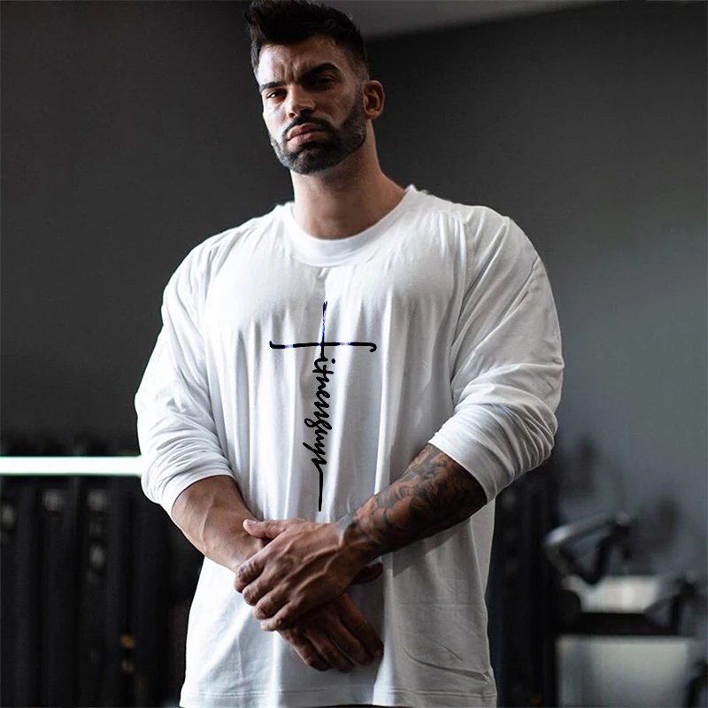 Übergroßen Fit Langarm T-shirt Männer Baumwolle Dropped Schulter Lose Fitness T Hemd Herbst Gym Kleidung Bodybuilding Tops Tees