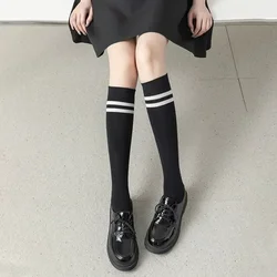 Japanese Striped Cotton Knee - High Socks for Women and Girls - Black & White (Black -1pair)