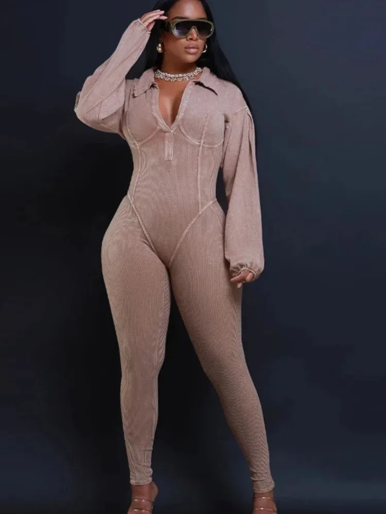 

RDMQ Fashion Women Knit Ribbed Turn-down Collar Long Sleeve Jumpsuit 2023 Autumn Street Active Playsuit One Piece Suit Romper