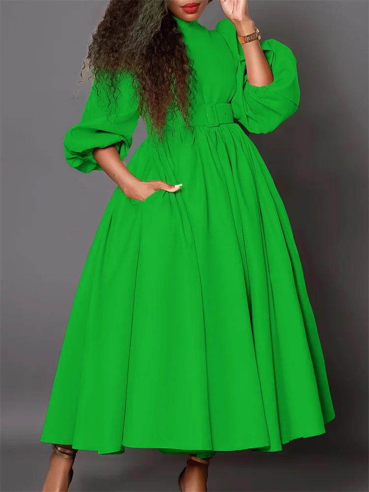 Wmstar Women Dress Autumn Plus Size Long Sleeve Solid Color High Neck Matching Belt Temperament Mid Length High Waist Dresses