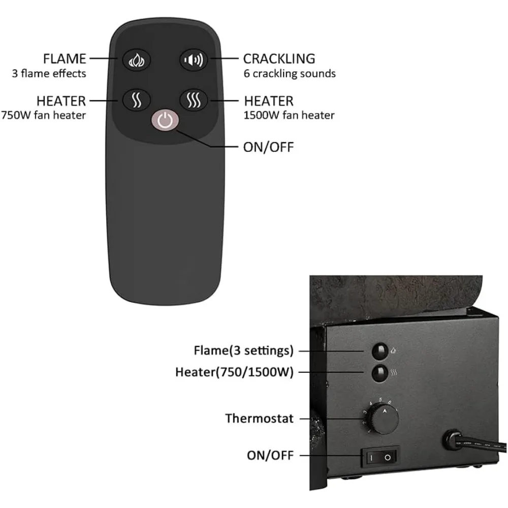 23" W Free Standing Electric Fireplace Log Set (EF290), Fireplace Insert, Heater 750W/1500W, Crackling Sound, Remote Control 6