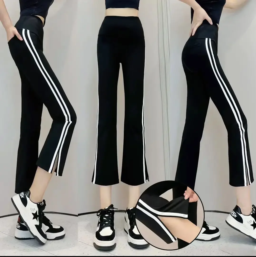 여성 사이드 스트라이프 샤크 팬츠, 슬림한 스트레이트 레그, 사이드 슬릿 레깅스, 얇고 가벼운 겉옷, 다목적, 여름 신상