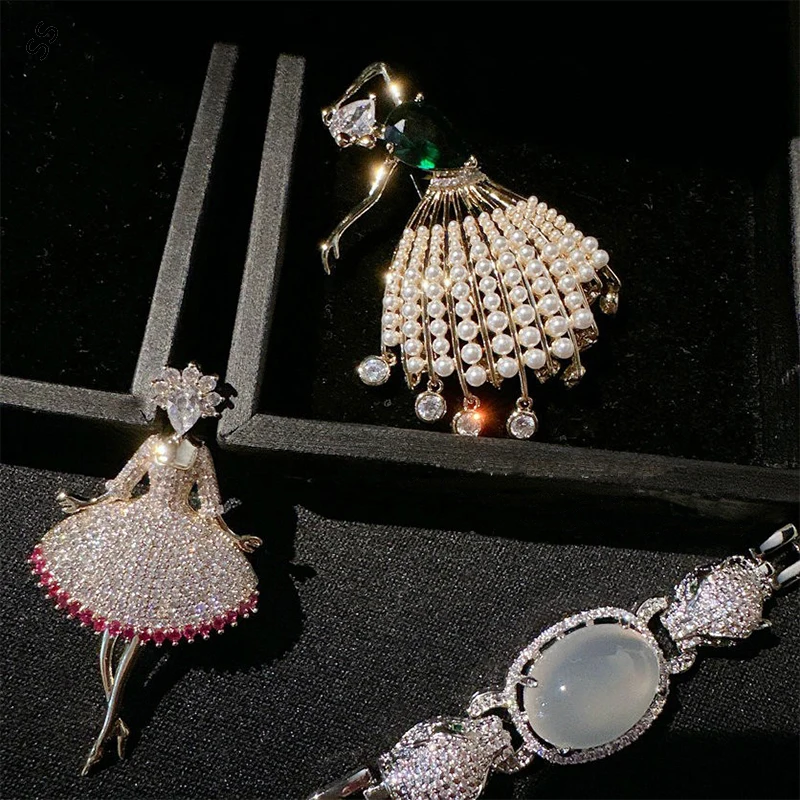 Fugitive Princess TUTU Dress Series Zircon/Artificial Shellfish Pearl Brooches for Women's Evening Clothing Accessories