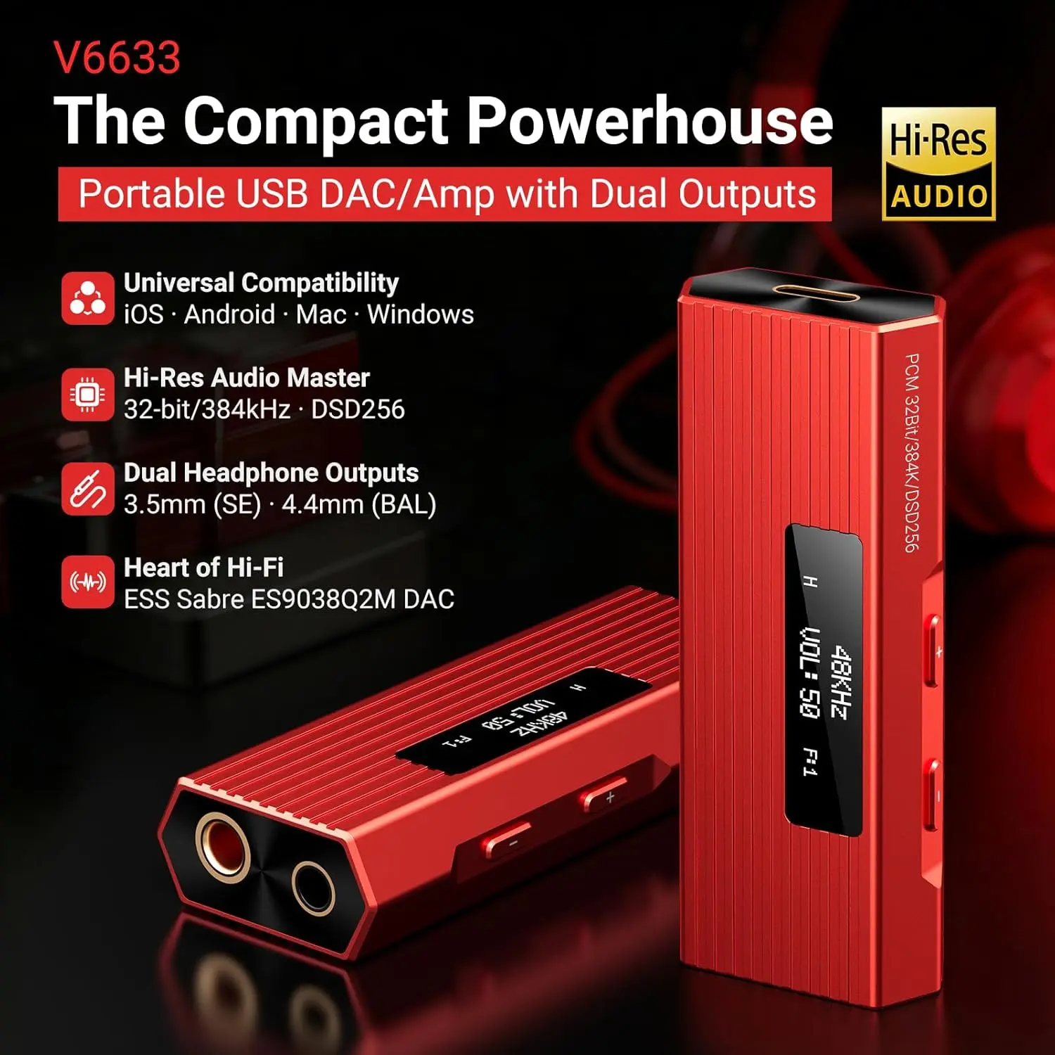 USB-C to AUX DAC 앰프 3.5mm+4.4mm 고해상도 ES9028Q2M DSD256, iPhone 15/16/17 Pro 및 안드로이드용