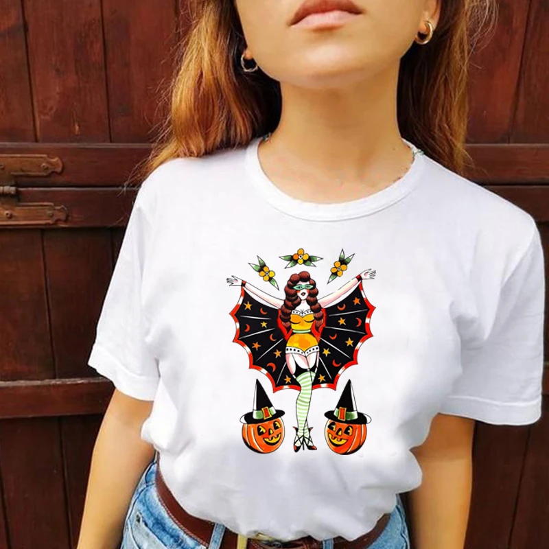 

The Sexy Bat Woman Vintage Halloween Graphic T Shirts Women Y2k Retro Aesthetic Clothes Witch Pumpkin Tshirt Female Top Dropship