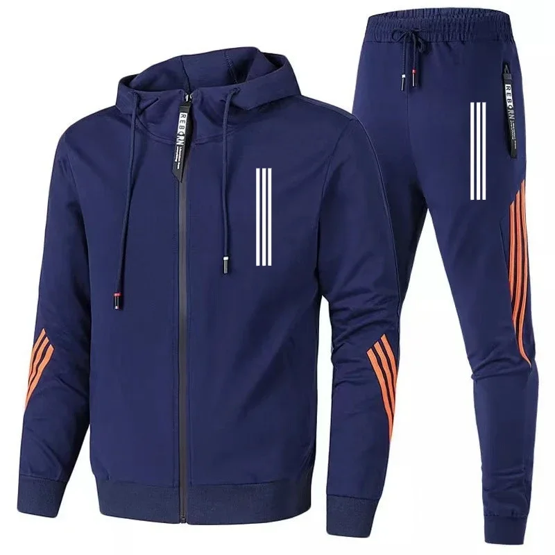 

2024 Spring and Autumn Men's Hoodie+pants 2-piece set, three-layer diagonal sports jacket, zippered track and field men's fitnes