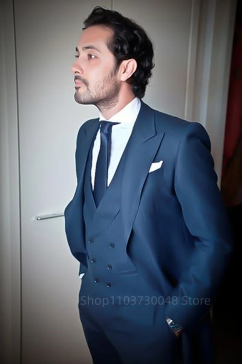 Blue Men's 3-Piece Tuxedo Suit Set High-Quality Peak Lapel Blazer Vest And Pants Wedding Business Gentleman's Suit for Party