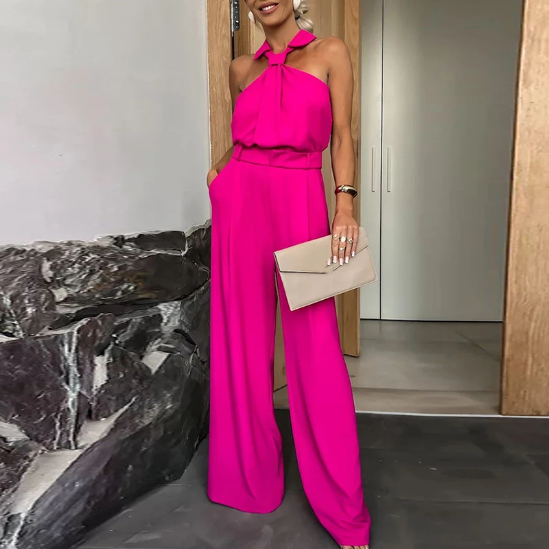 

Sexy Halter Off Shoulder Commuter Jumpsuit Women Spring Solid High Waist Straight Romper Summer Back Zip Wide Leg Pants Overalls