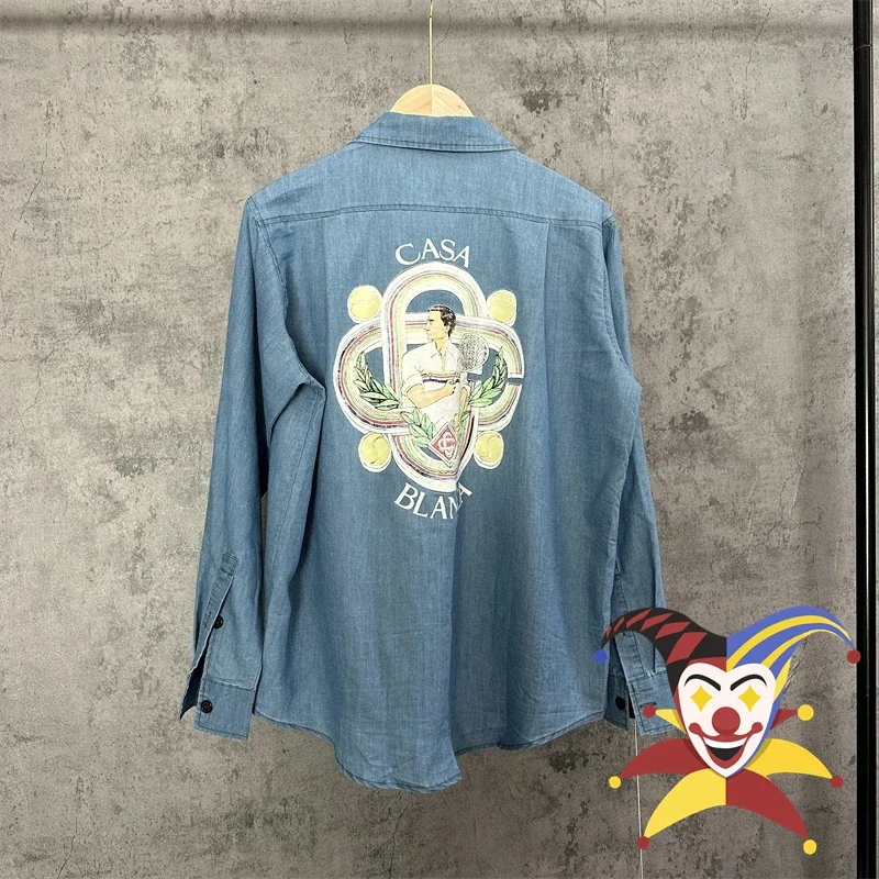 

Washed Casablanca Denim Shirt Men Women Tennis Player Printing Top Shirts