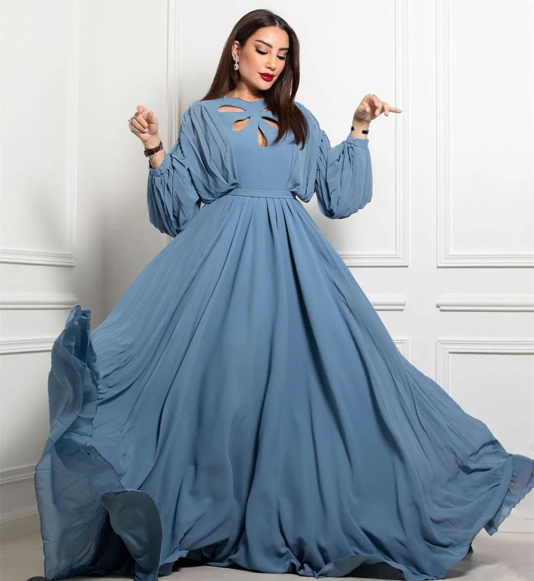 

Vintage Long Sleeved Blue Chiffon Evening Dresses A-Line Pleated Lace Up Back Floor Length فساتين السهرة Prom Gowns for Women