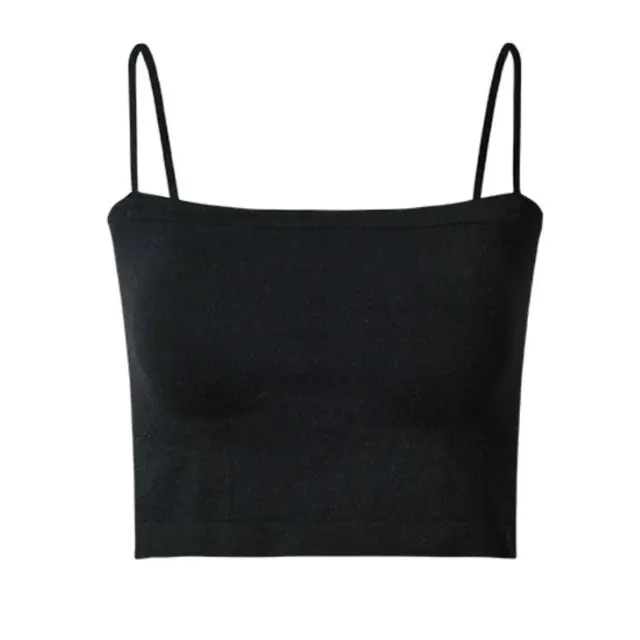 Top Female Sexy Bras Spaghetti Strap Crop Tops Wirefree Brassiere Fashion Camisole Seamless Underwear Top With Built In Bra Short-Black