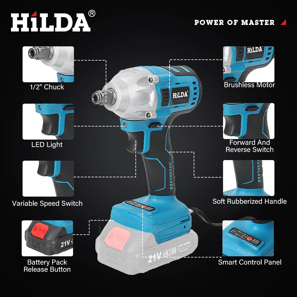 HILDA 21V Blue Brushless Electric Impact Wrench Rechargeable 1/2 Socket Wrench Cordless Without Battery 4