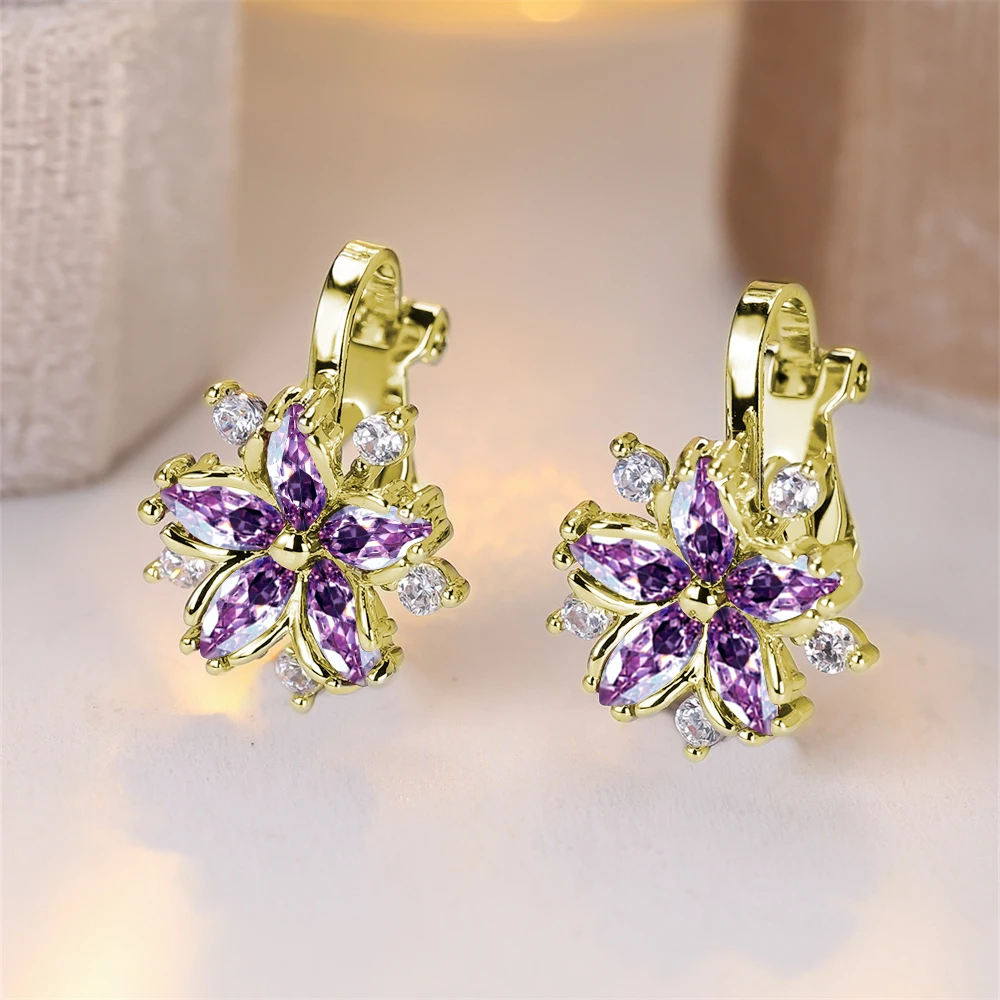 Rainbow Crystal Sakura Clip Earring Multicolor Zircon Star Flower Earrings For Women Vintage Gold Silver Color Wedding Jewelry