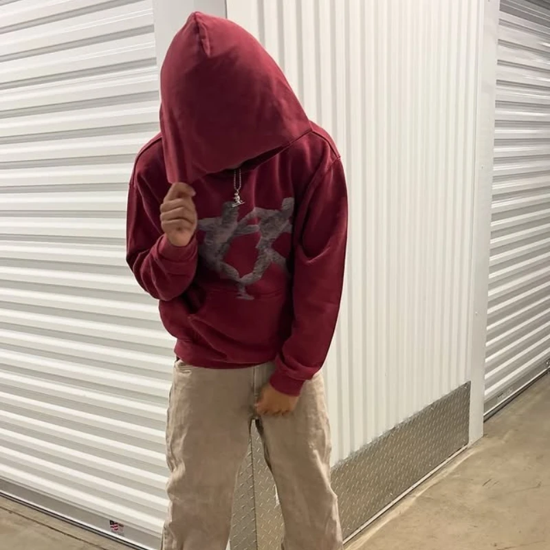 Y2K Vintage Running Figure Hoodie Print Graphic Pullover Sweatshirt Men American Retro Casual Streetwear Unisex Oversize Clothes