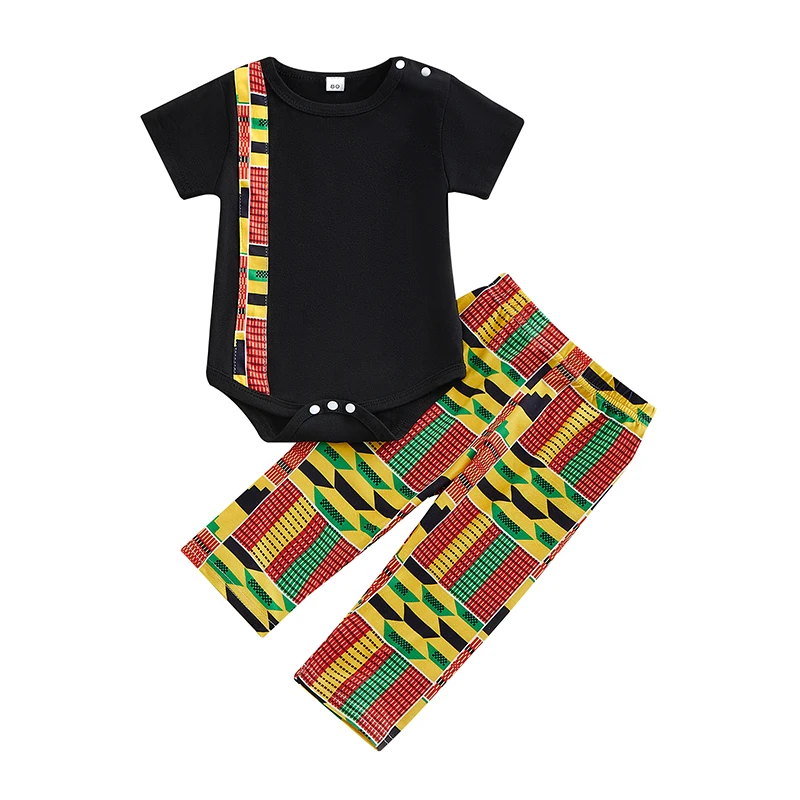 

Комплект летней одежды для маленьких мальчиков, комбинезон с коротким рукавом и круглым вырезом и длинные брюки в африканском стиле, комплект из 2 предметов