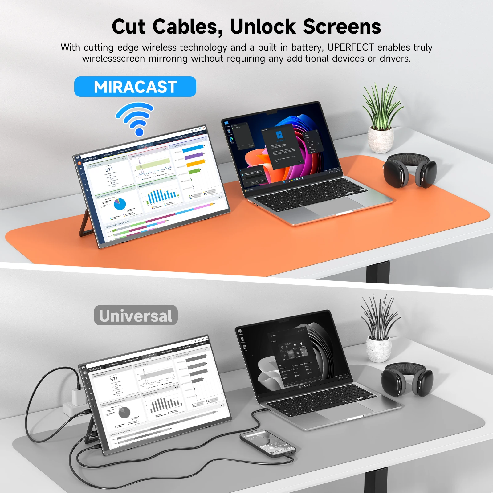 EVICIV 15.6인치 1080P IPS 무선 휴대용 모니터 8000mAh 배터리 지원 미러 캐스트 DLNA USB-C HDMI (휴대폰, 노트북, Xbox, PC용)