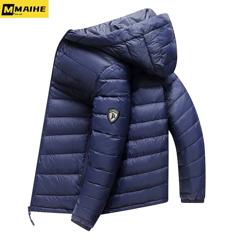 winter 90% White Duck Down Jacket Men's Camping Windproof Lightweight Puffer Men Short Rib Korean Couple's Thick Hooded Ski Coat