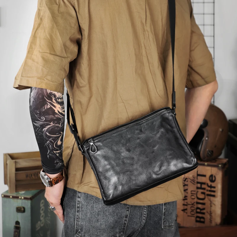 Fashion Black Genuine Leather Cross Body Bag Popular Leather Men's  Messenger Bag Large Capacity Shoulder Bag For Weekender