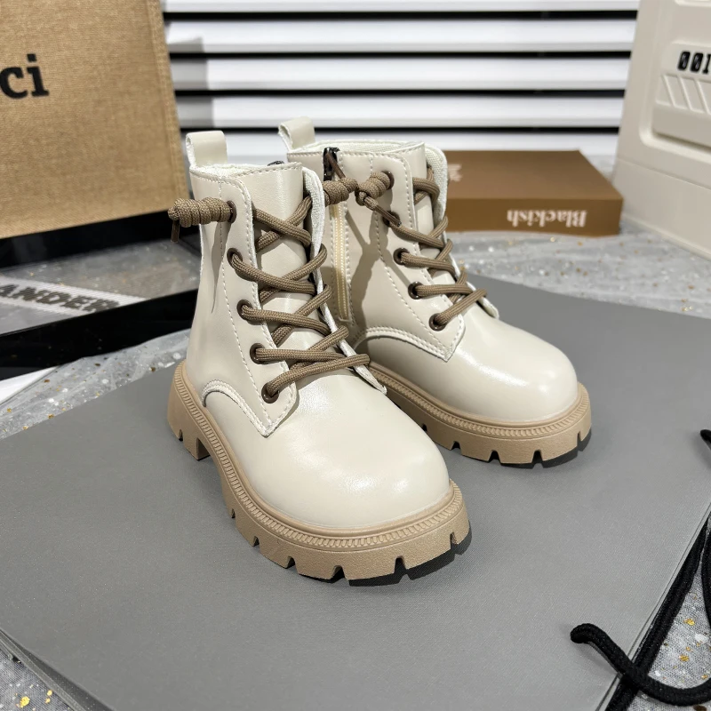 Leather Kids Platform Boots for Girls Black Beige Autumn School