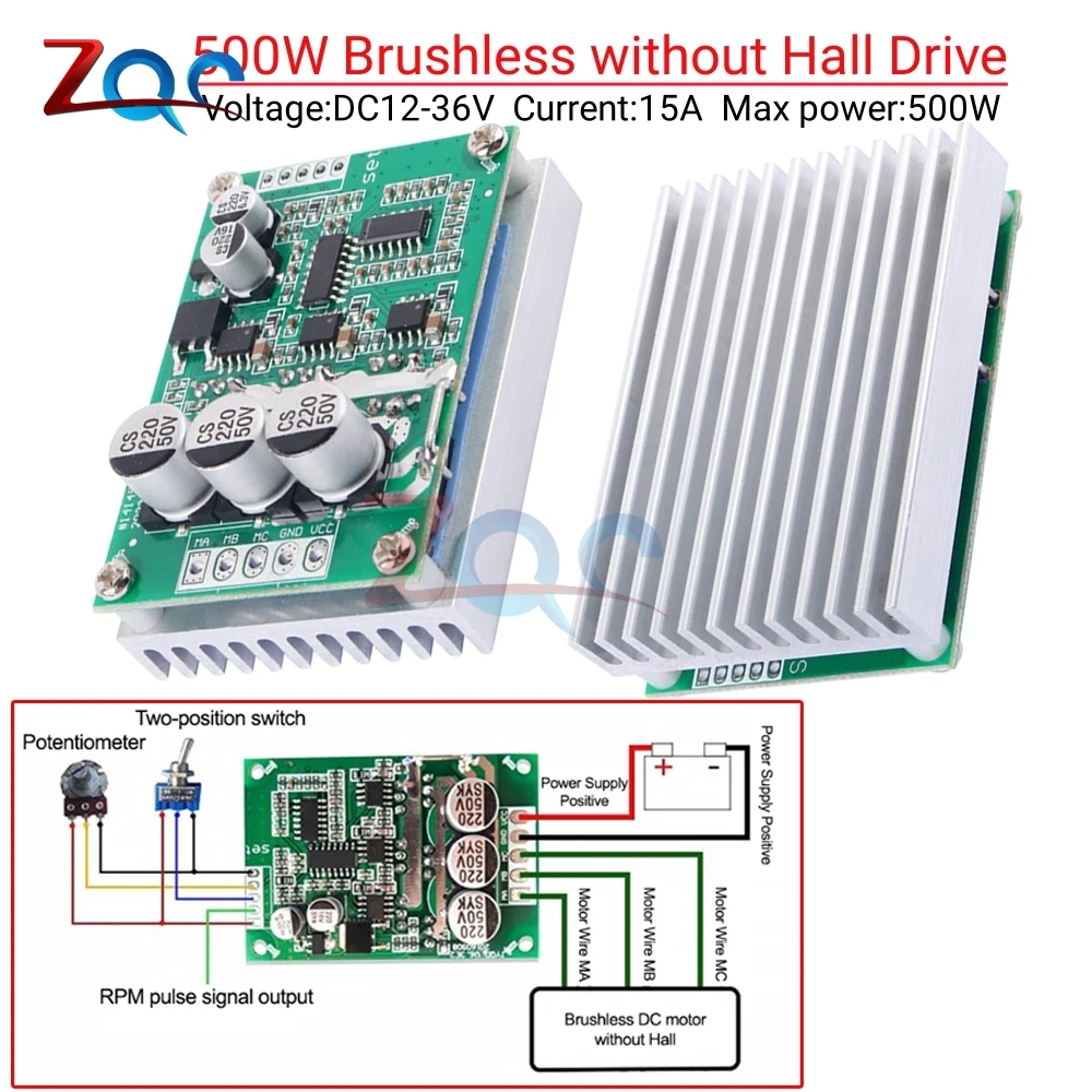 DC12-36V 15A High Power Foward Reverse Speed Regulator Module Speed Controller 500W Brushless Hall Free Motor Driver Board
