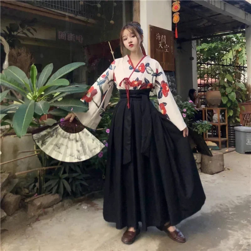 Japanese Style Floral Print Dress Long Kimono Skirt Kawaii Clothing Girls Party Robe Set Vintage Costume Asian Cosplay Women japanese kimono