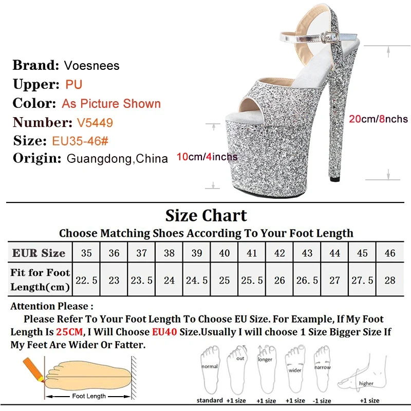 20CM Bling Sequined Women's Sandals with Heels Nightclub Pole Dancing Model Party Sandals 8inch Stilettos Wedding Stripper Shoes